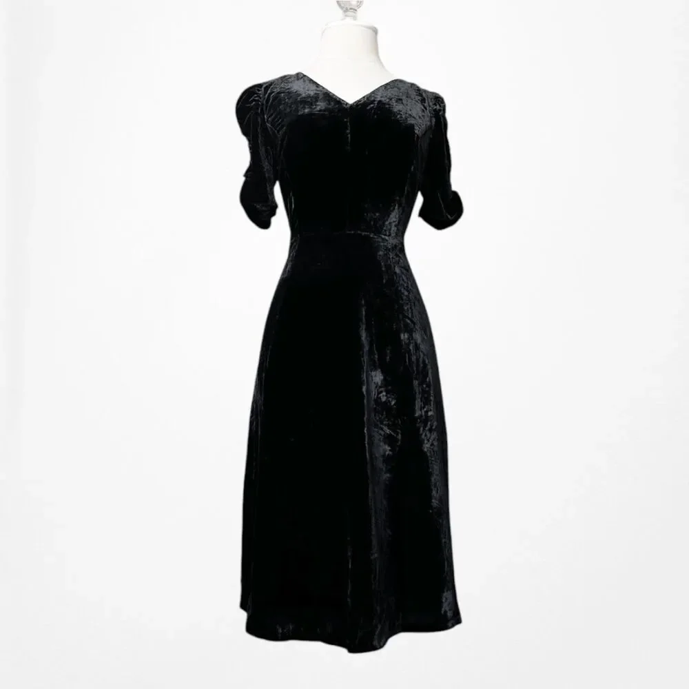 Vintage Y2K Talbots Black Velvet V-Neck Puffy Sleeve Flared Cocktail Dress M